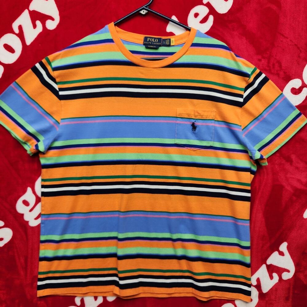 Polo Ralph Lauren Mens Large Classic Fit Striped Pocket T Shirt Orange...
